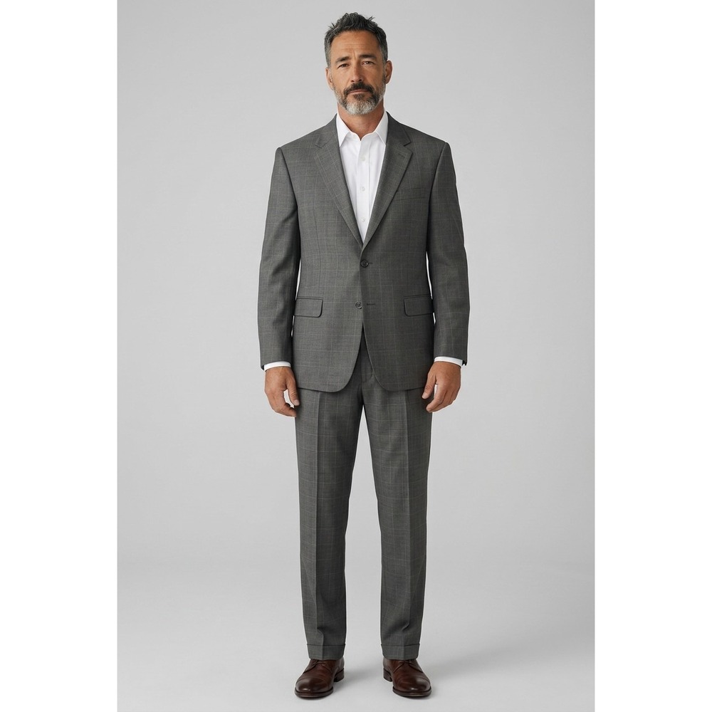 Jos A Bank Suit Mens 46R Windowpane 100% Wool 2-Button Pants  38 x 29 - 2 Pieces